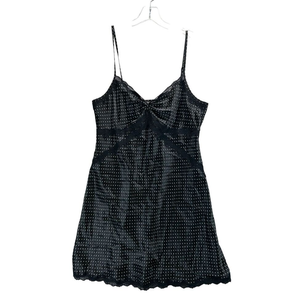 Morgan Taylor Black Satin Polka Dot Lace Trim Babydoll Slip Dress L